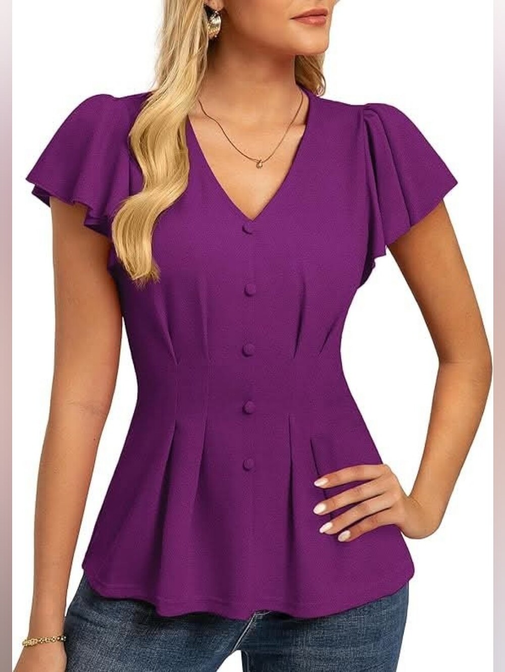Grace Karin Purple Peplum Blouse V-Neck Flutter Sleeve Pleated Work Top - Size M